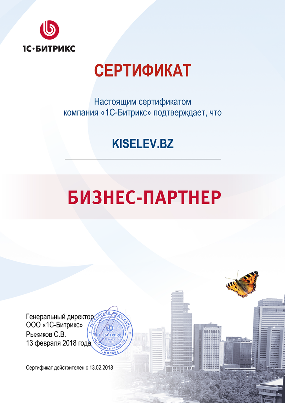 Сертификат партнёра по СРМ системам в Николаевске